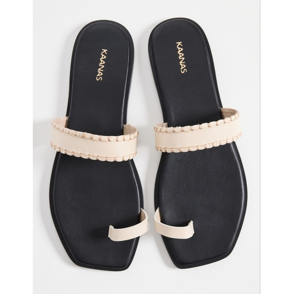 KAANAS Pirita Cream Leather Whipstitch Square Toe Loop Slide Sandals 9M NIB